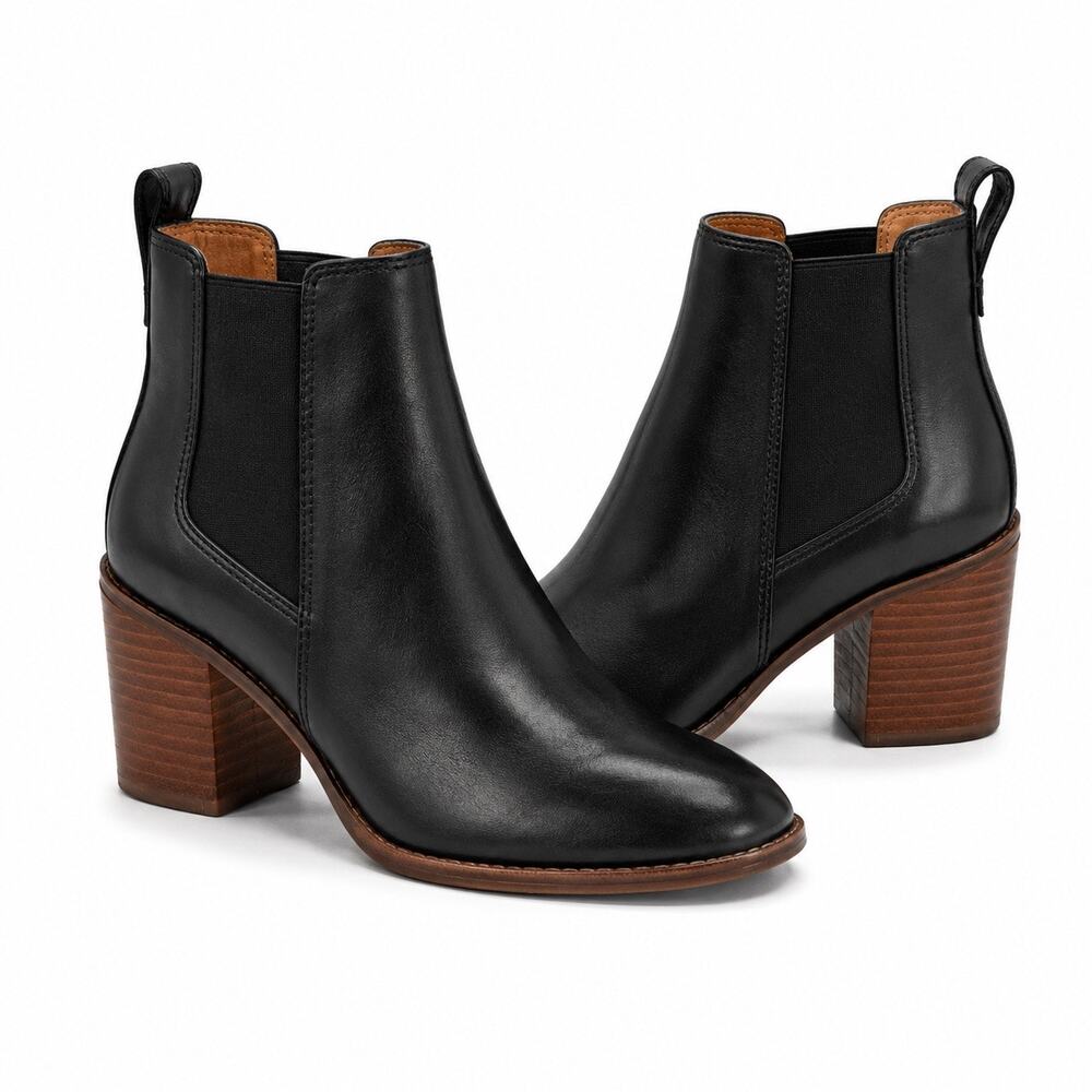 MADEWELL | Regan Black Leather Chelsea Ankle Boots Stacked Block Heel | 10